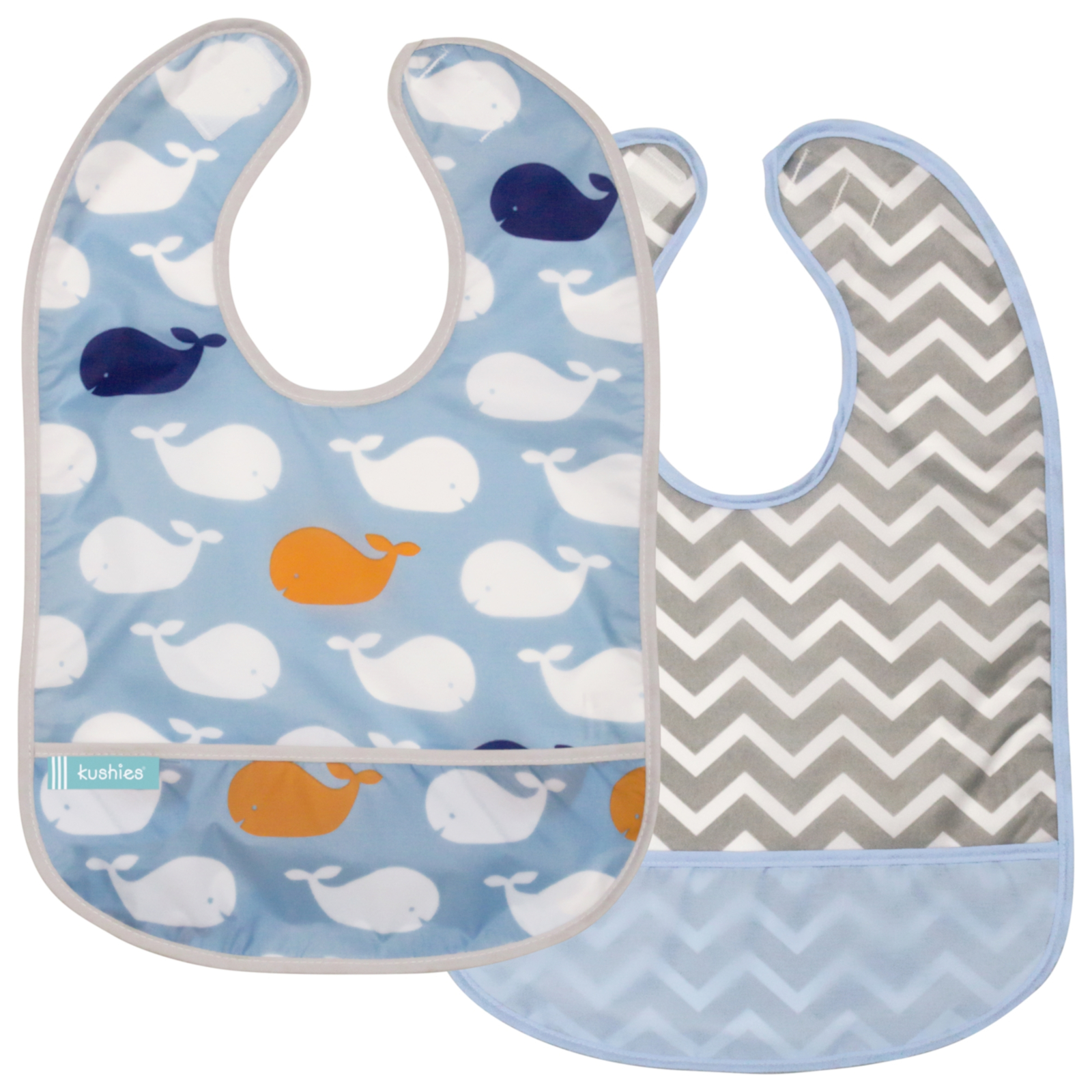 KUSHIES Lätzchen ohne Ärmel CleanBib 2er Pack, 6-12 Monate, Wal & Chevron