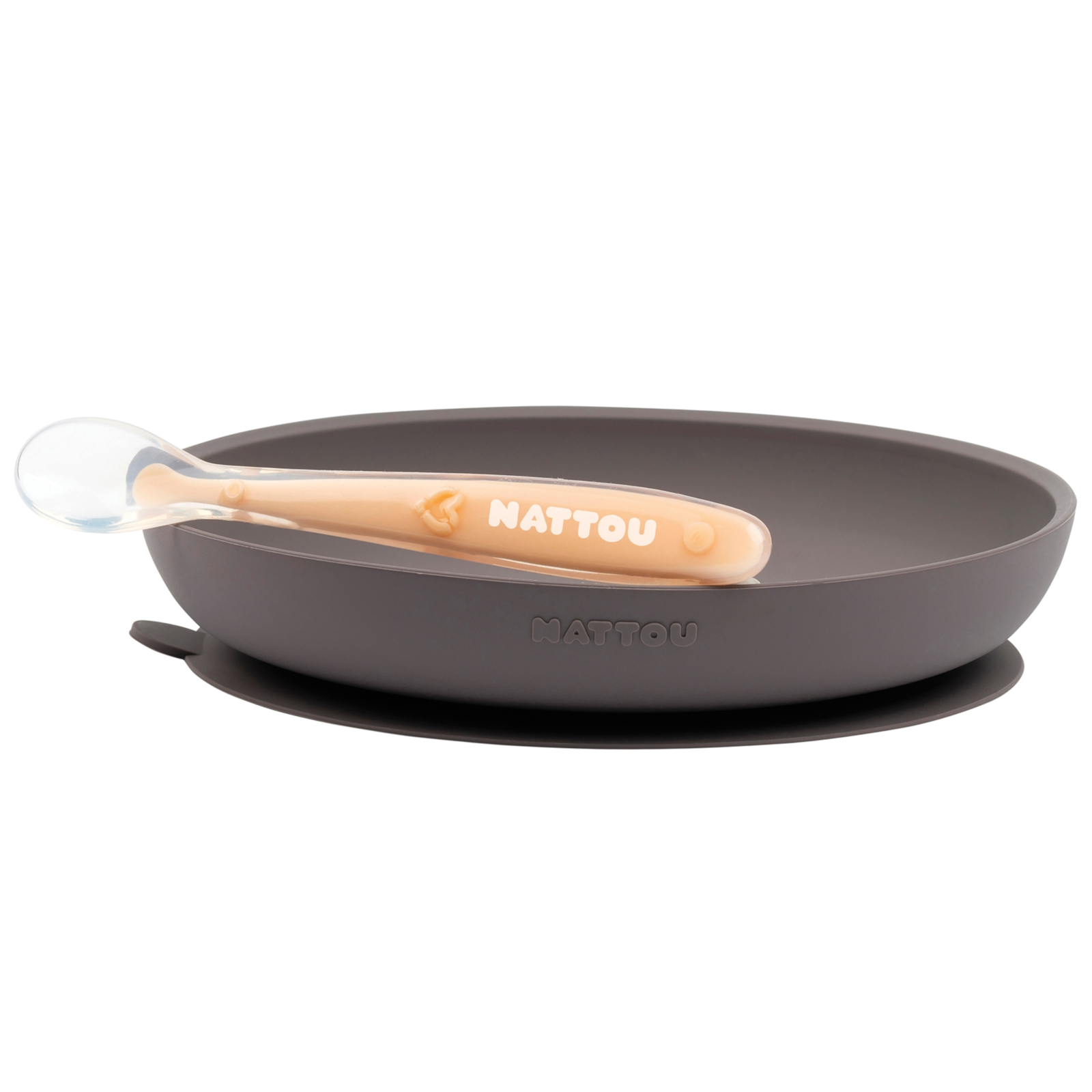 NATTOU SILIKON Teller mit Löffel aubergine-pfirsich