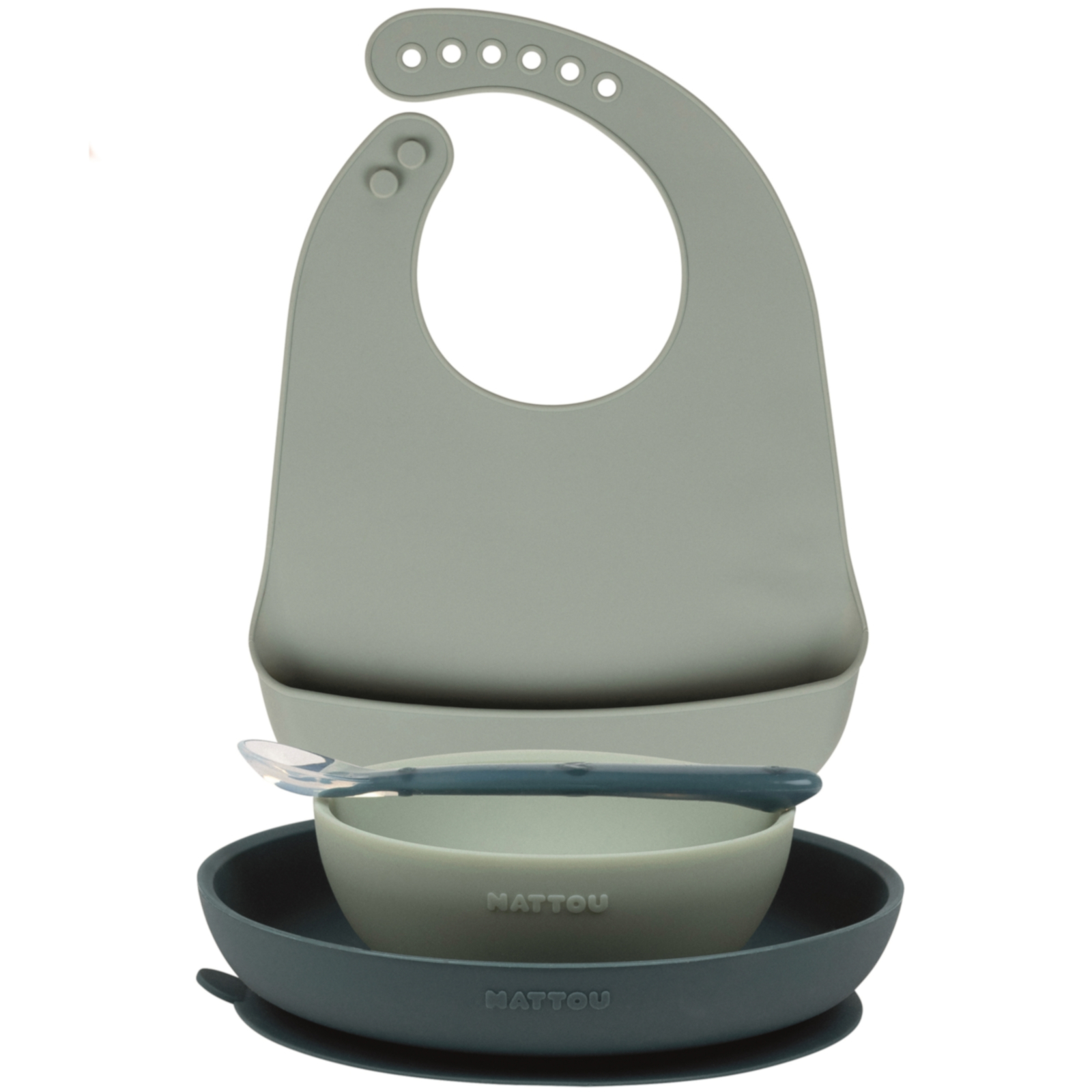 NATTOU SILIKON Esslernset mit Lätzchen grün