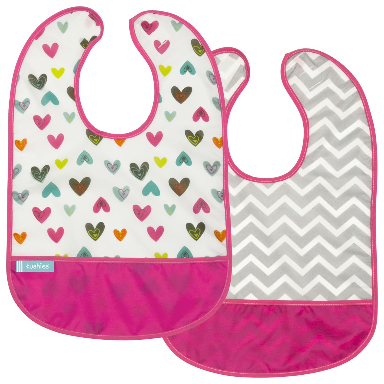 KUSHIES Lätzchen ohne Ärmel CleanBib 2er Pack, 6-12 Monate, Herz & Chevron
