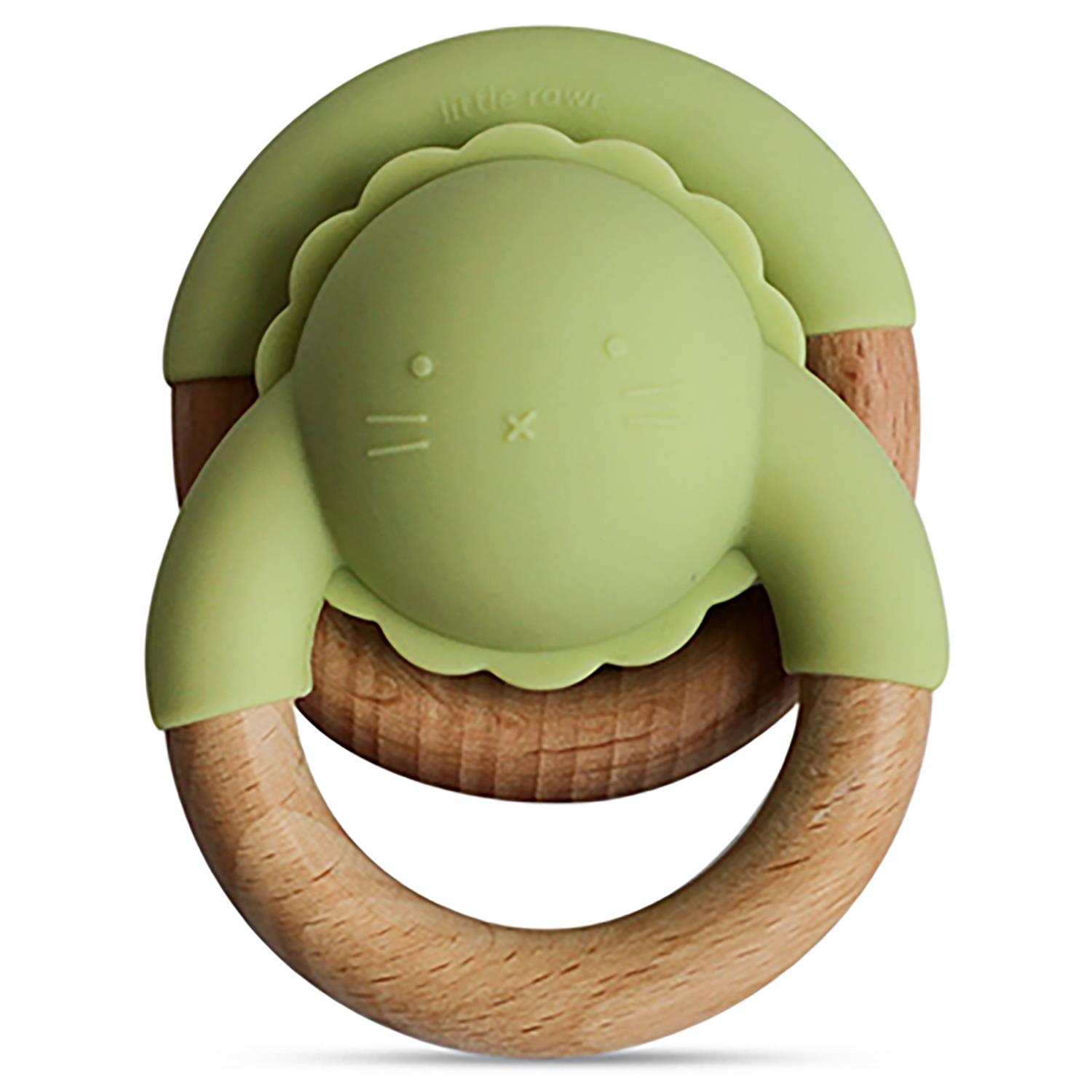 KUSHIES Anneau de dentition en silicone et bois RattleRing lime