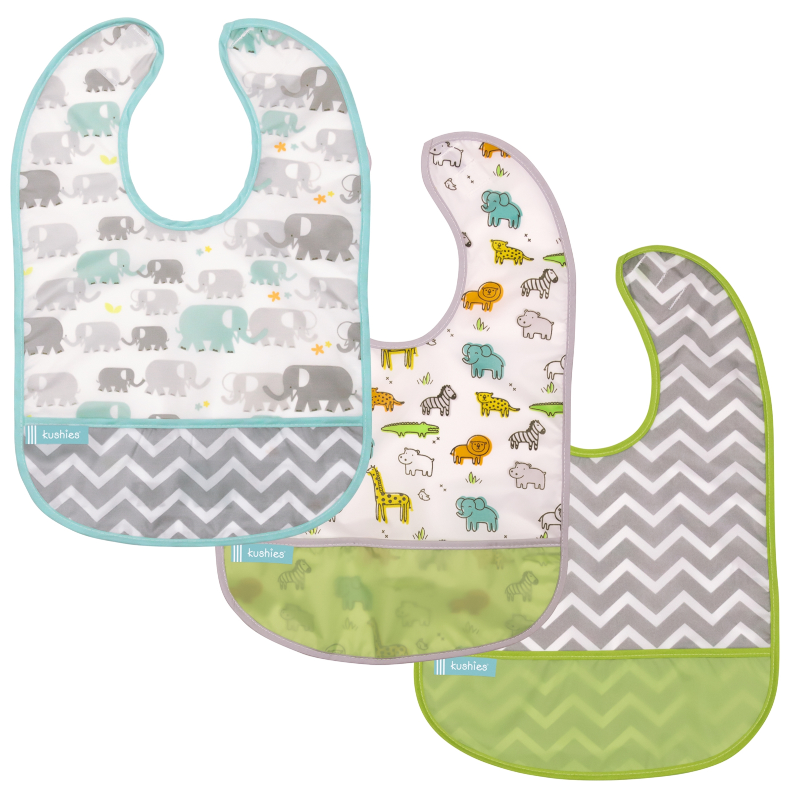 KUSHIES Lätzchen ohne Ärmel CleanBib 3er Pack, 6-12 Monate, Safari Elefant Chevron
