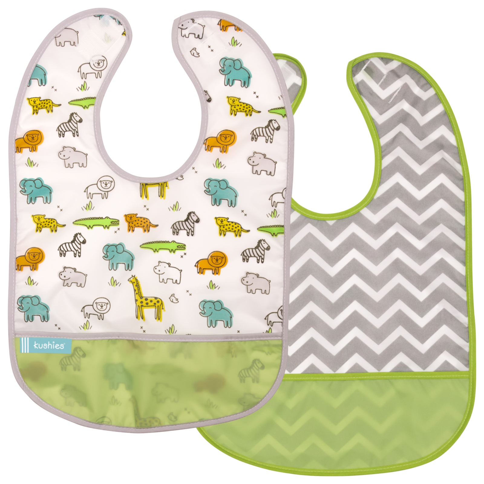 KUSHIES Lätzchen ohne Ärmel CleanBib 2er Pack, 6-12 Monate, Safari & Chevron