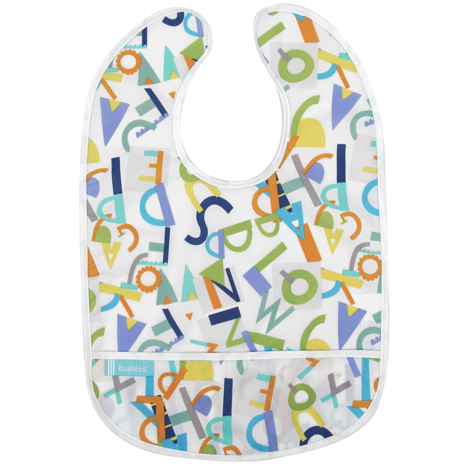 KUSHIES Lätzchen ohne Ärmel CleanBib, 6-12 Monate, Alphabet weiss