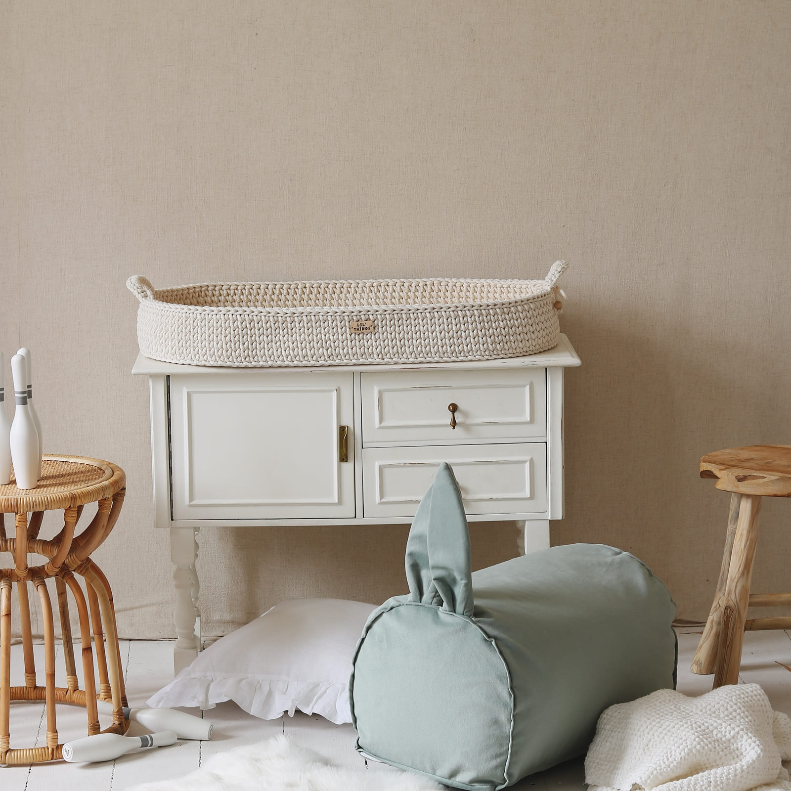 LIL'THINGS Panier à langer en coton avec matelas naturel